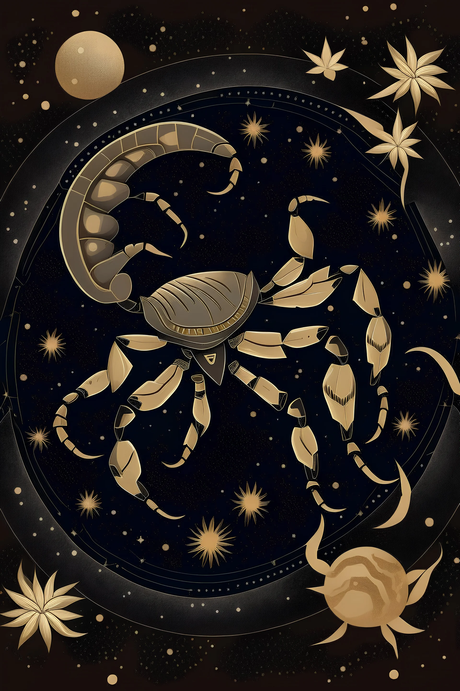 Scorpion surrounded by the moon and stars