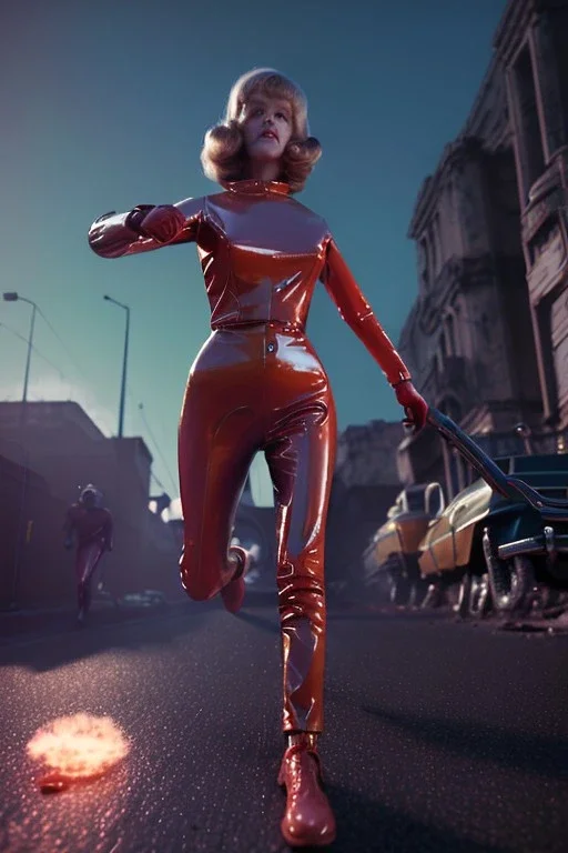 retro sci-fi press image from 1960, supermarket explosions, people running, sweet young Jane Fonda, tight latex suit, weapon, fighting stance, soft color, highly detailed, unreal engine 5, ray tracing, RTX, lumen lighting, ultra detail, volumetric lighting, 3d, finely drawn, high definition, high resolution.