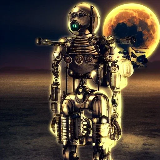 cyborg one man band, full moon background center large, steampunk style, horizontal image, 3d, hd