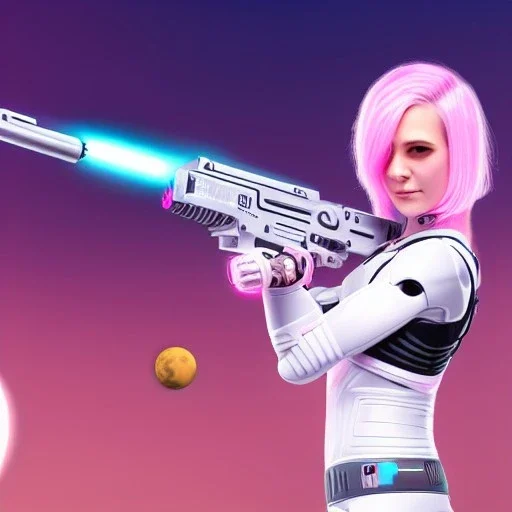 cyborg cute girl, white and pink hair, sexy, with a laset gun, under an alien moon, misty, high detail, 4k