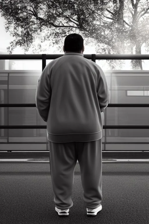 full figure shot back view of a fat guy , timid 45-year-old italian chubby in tracksuit, big buns, at bus stop photorealistic, ambient occlusion, sunlight