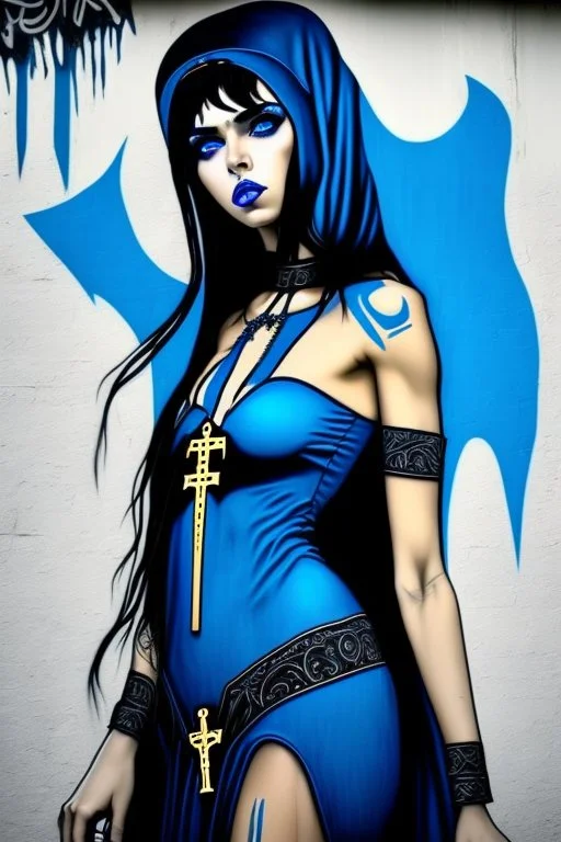 super cute woman, latin, good body, nice body, athetic body, long blue and black haired, no dressed, nun fantasy black costume, necklace cross, intrincate details. serious look, coquette, big blue eyes, wall graffity art background.