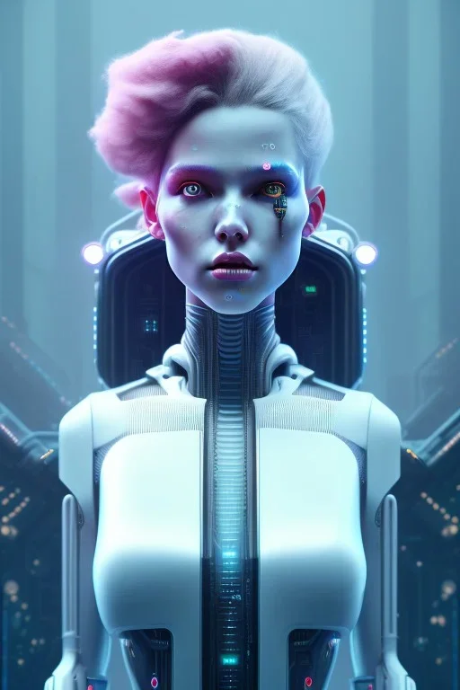 cyberpunk, head, robot, portrai, alone, high key lighting, volumetric light high details with white stripes and blue eye, smiling with plump pink lips, unreal engine petit prince belle fine, profil de trois quart, cristalline