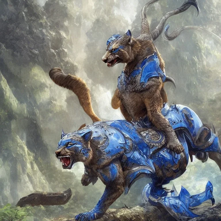 A Fantasy painting of an angry cougar in full blue and white armor, Inka jungle background, white fire coming out, highly detailed, digital painting, Artstation, concept art, matte, sharp focus, illustration, dramatic, art by artgerm and greg rutkowski and alphonse mucha