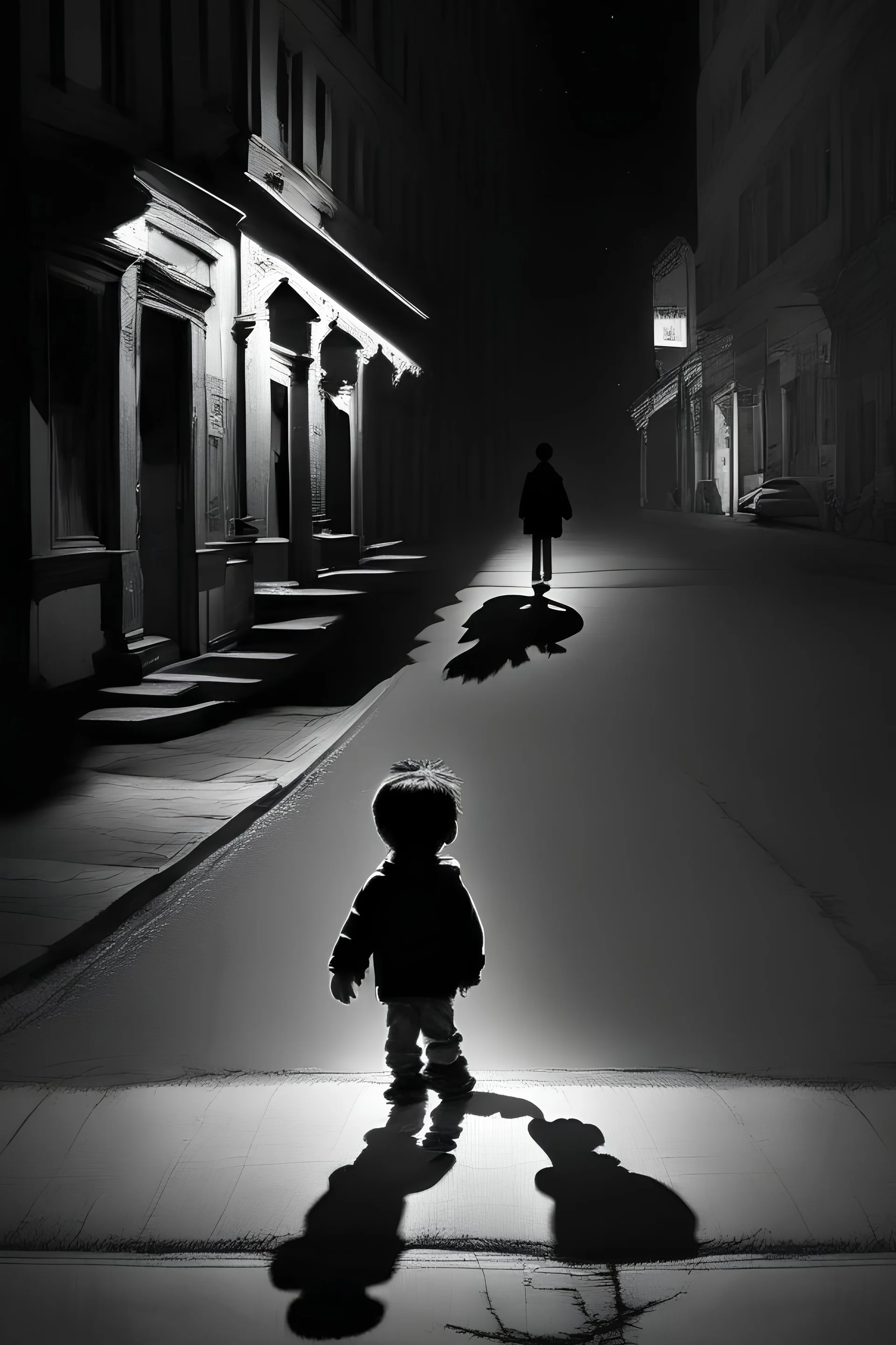 A boy playing on the street at midnight with his shadow