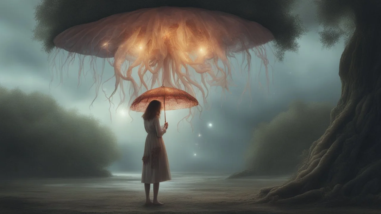 Full Body Shot Of A Young, Slim Woman Covered In rags, standing under a tree, holding an umbrella made from a jellyfish, a glowing ball in her hand, photorealistic, Detailed Matte Painting, Deep Colour, Fantastical, Intricate Detail,