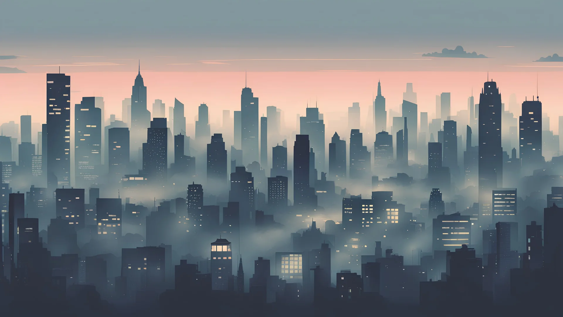 a vector graphic of city in the mist at dusk
