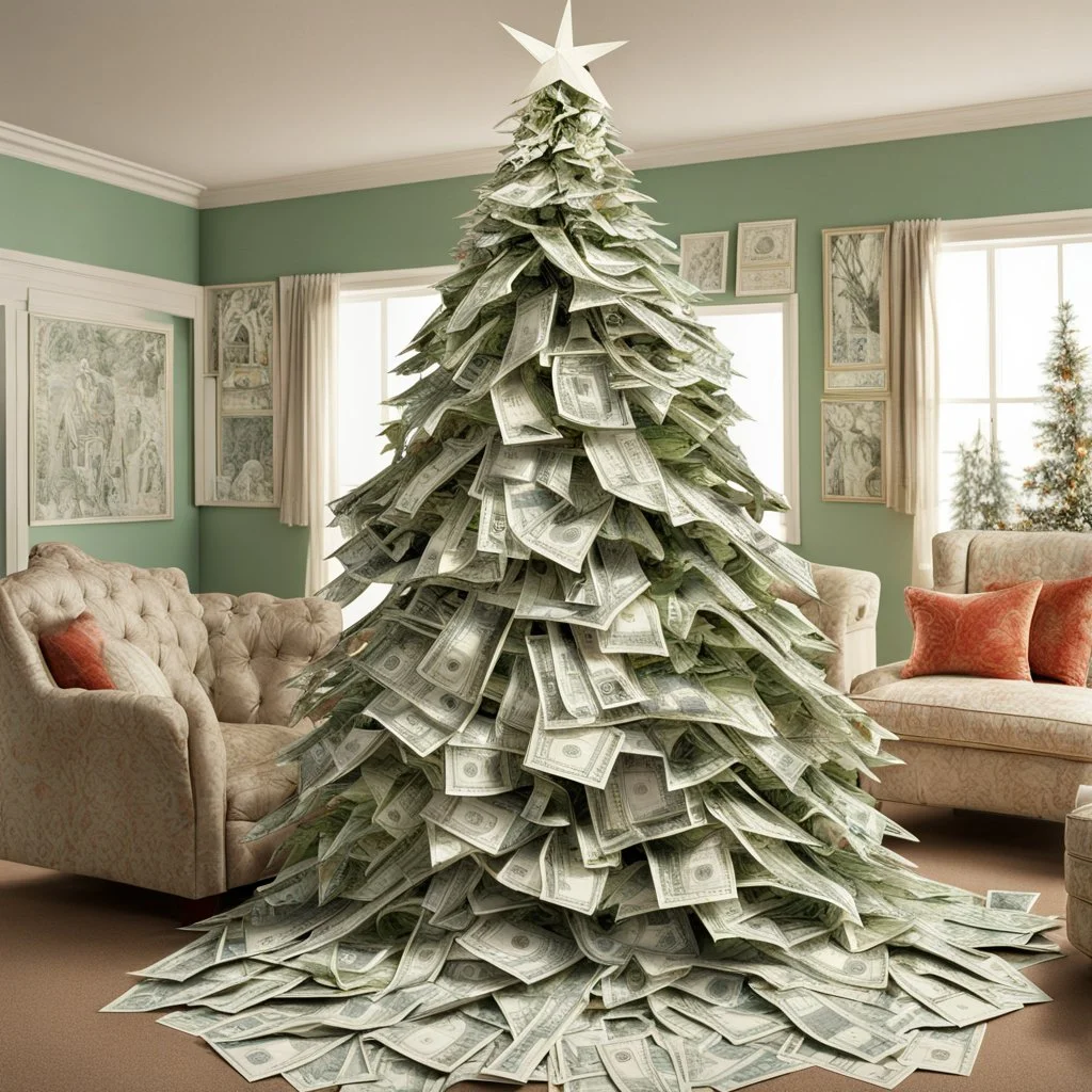 Weird Christmas Tree made entirely out of US paper dollar bills, photorealistic, hyper detailed, sharp focus, concept art, by Cindy Sherman, background a suburban living room,