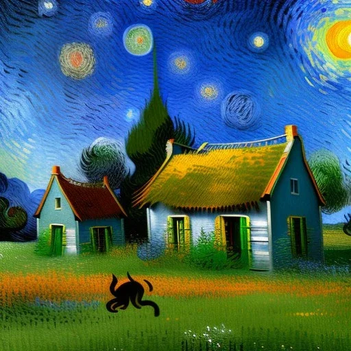 Dibujo al oleo de una pradera con una casa y unos gatos con muchas nubes de colores estilo Vincent van Gogh