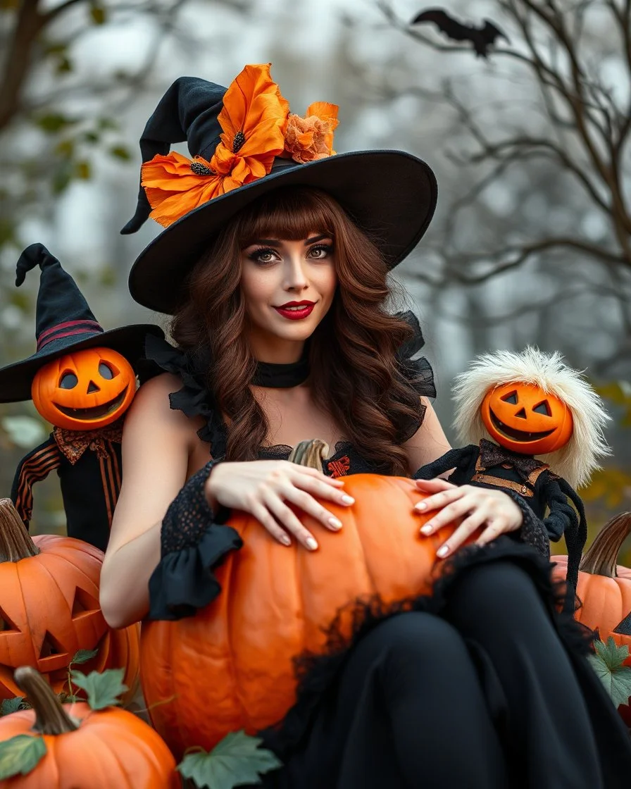 Beautiful woman brown hair in unique custom fashion witch style Happy Halloween,sitting biggest pumpkin Halloween ,sorrounded by puppets Halloween