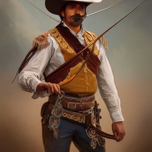 portrait,"Insanely detailed photograph of a male western mustachioed crossbowman", detailed charro, sequenced Sombrero, detailed held dagger, digital painting, artstation, concept art, sharp focus, illustration, art by artgerm and greg rutkowski and alphonse mucha, 8 k,fantasy, unreal engine