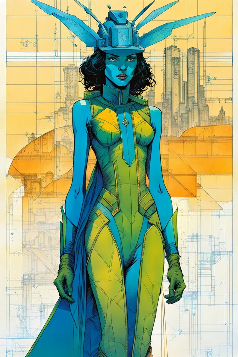 Hand drawn technical,full body portrait illustration , with detailed blueprints and engineering schematics of a walking leaf insect girl, in the comic book art style of BILL SIENKIEWICZ and JEAN GIRAUD MOEBIUS, with highly detailed facial features, drawings, and technical notation, 8k, vibrant natural colors