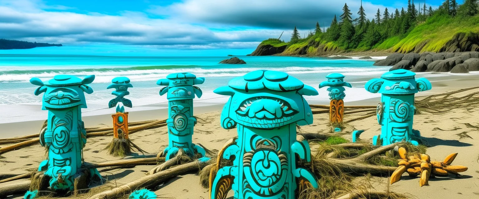 A turquoise beach with crabs designed in pacific Northwest totem poles painted by Frank Lloyd Wright