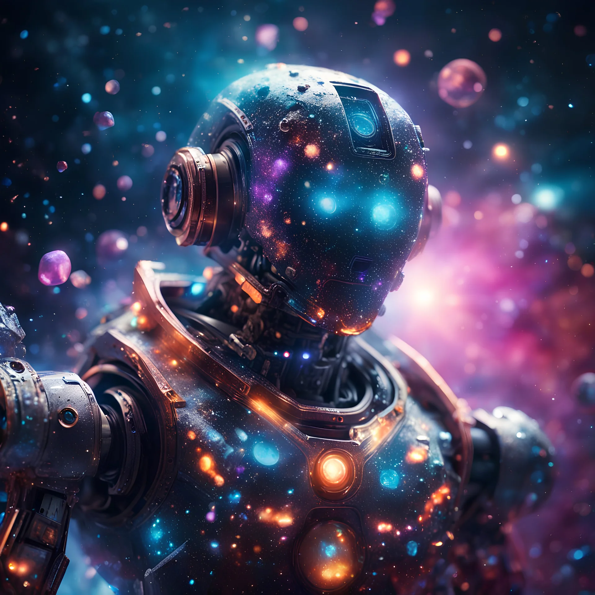 space robot covered with glowing crystals, nebula particles in air, in space, galaxy in background, bright colors, glowing sparkle particles, dark tone, sharp focus, high contrast, 8k, incredible depth, depth of field, dramatic lighting, beautifully intricate details, clean environment, epic dynamic scene