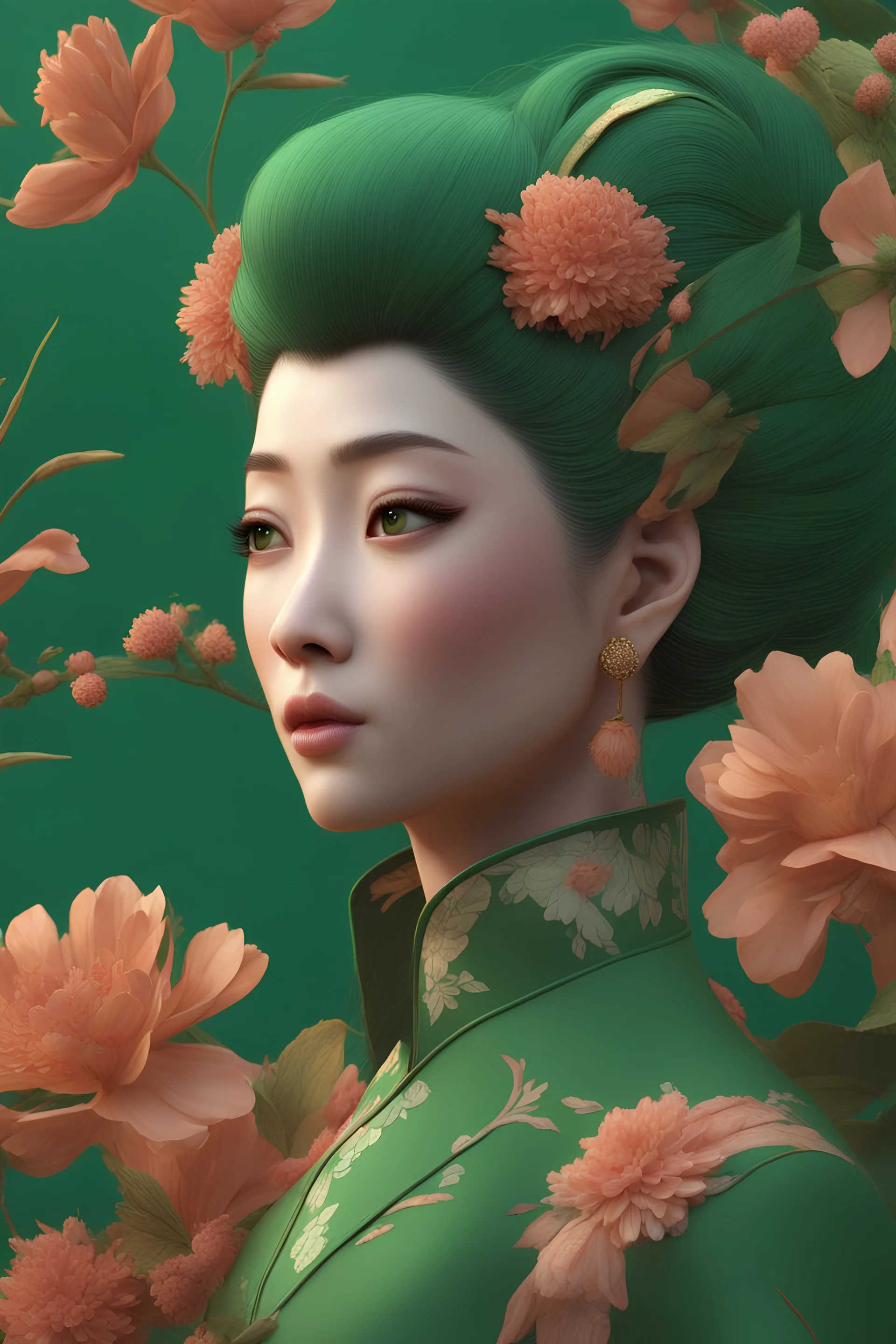 3D illustration of Asiat woman a deep green background with flowers, illustration, smooth 3d digital art, exquisite thee-dimensional rendering, 4K, blender, c4d, octane render , disney style 3d light, Zbrush sculpt, concept art, Zbrush high detail, pinterest Creature Zbrush HD sculpt, neutral lighting, 8k detail