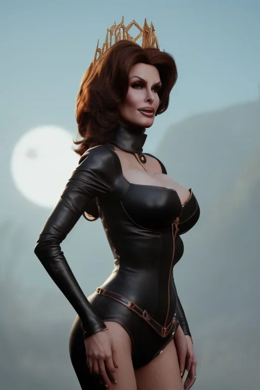 Raquel Welch as evil queen in black leather, leather, busty, cleavage, angry, stern look. character design by cory loftis, fenghua zhong, ryohei hase, ismail inceoglu and ruan jia. unreal engine 5, artistic lighting, highly detailed, photorealistic, fantasy