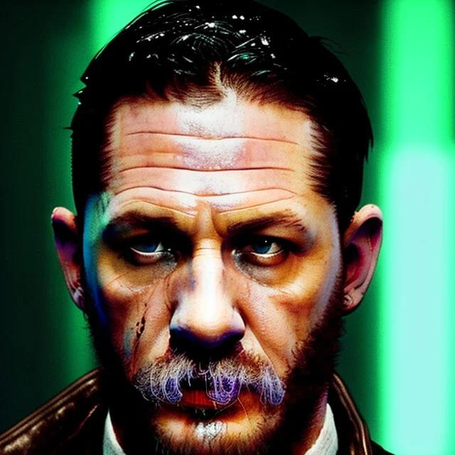 Actor, tom hardy, replicant man, blade runner style, rain, fog, neon ambient, gradient color, clean skin, circuits, latex coat, cyber punk, neon, tubes, portrait, studio photo, unreal engine 5, smooth color, 16 bit, god lights, ray tracing, RTX, lumen lighting, ultra deatail, volumetric lighting, 3d, finely drawn, hd.