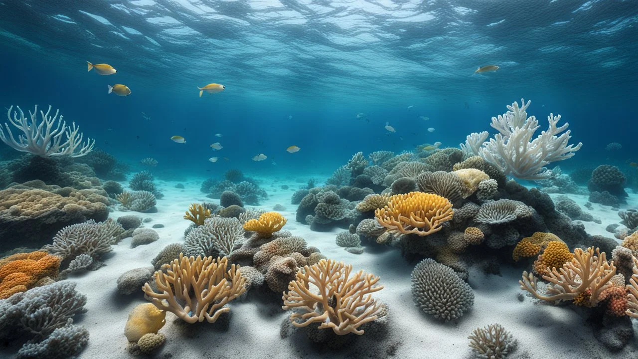 Climate change. An underwater scene of a once-vibrant coral reef now bleached and lifeless. The corals are stark white, with only a few colorful fish remaining, swimming through the ghostly environment. Beautiful award-winning photograph, shocking, rule of thirds, balanced delightful composition, perfect lighting, superb detail, 16k render