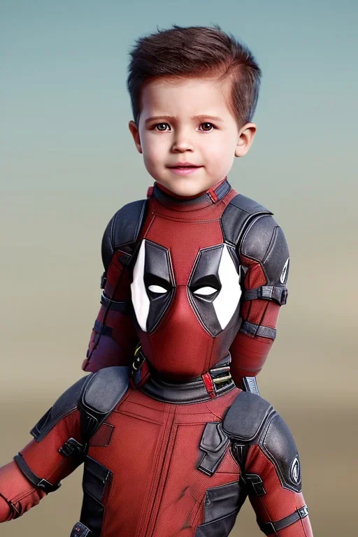 Deadpool toddler, full body, bokeh, hyper realistic