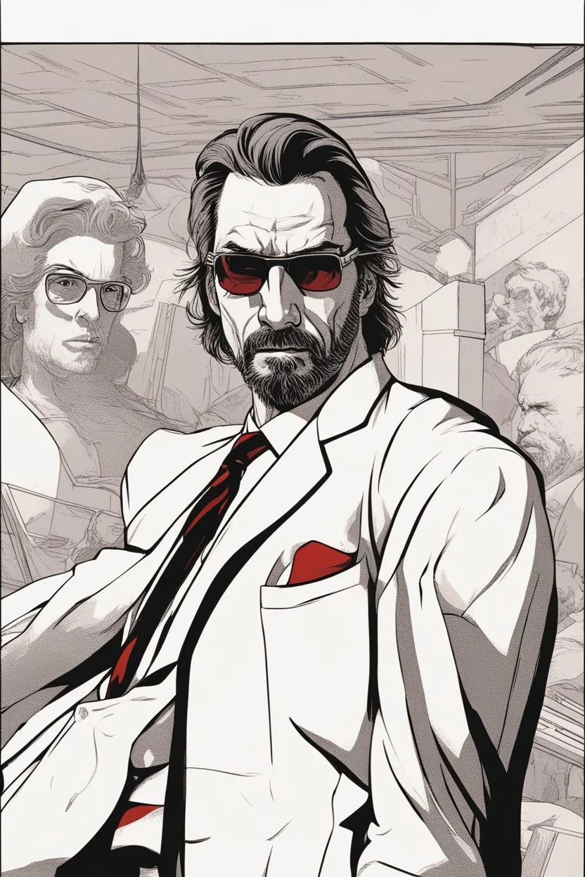 an muscular and menacing Hans Gruber wearing red-tinted glasses