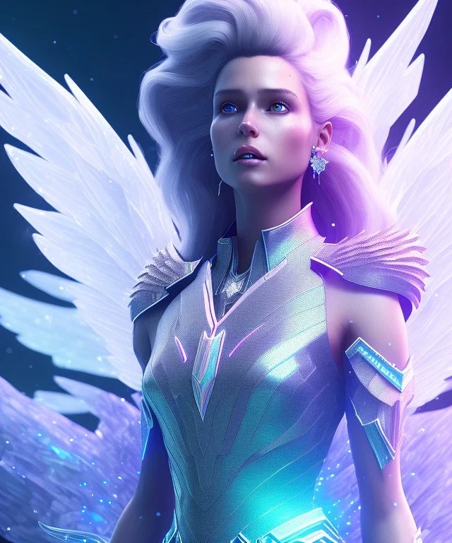 A crystalised queen, atmospheric, realistic, unreal engine, cinematic lighting, octane render. blue, pink, transparency, light, shine,bright, full body, transparent wings, blonde, long hair, nice smile