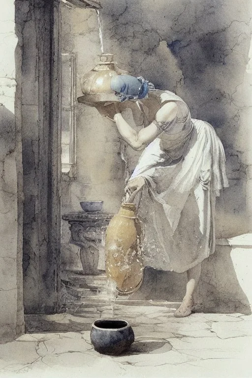 A woman in an ancient Roman dress pours water from an amphora into a pot in a blue and white bathroom, by Jean-Baptiste Monge, watercolour and ink, highly detailed, award winning, crisp quality in sunshine