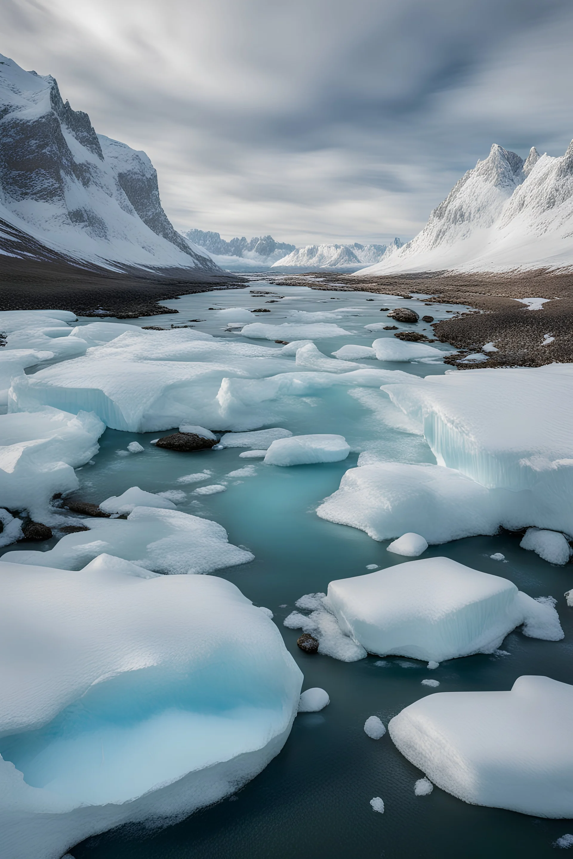 top to bottom river flowing with icebergs surrounding the river