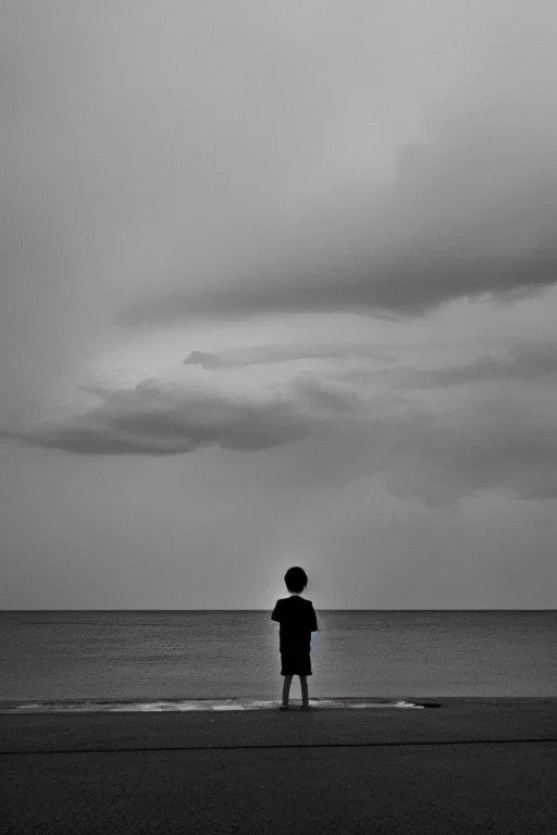 young boy looking out to sea. second man laying down behind him, dark storm clouds overhead, lightning, shopping trolley on side, dusk. the road cormac mccarthy