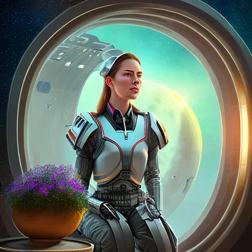 centered portrait of female soldier sitting on throne, wearing no helmet, by a starship window with huge pot plants and a view to the milky way, hi detail, book cover illustration