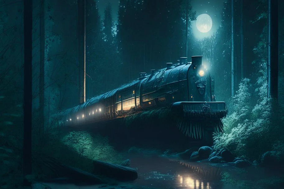 weather train in moonlit forest by stream, book illustration, fine detail, 4k, trending, volumetric light, depth of field