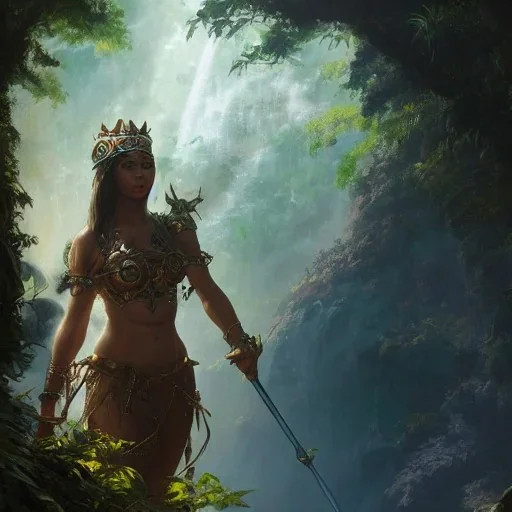 A queen warrior sun woman, beautiful face with light eyes, tropical background, in the fantasy world , 8k resolution, waterfall tropical fantasy concept art, by Greg Rutkowski, dynamic lighting, hyperdetailed, intricately detailed, deep, sun