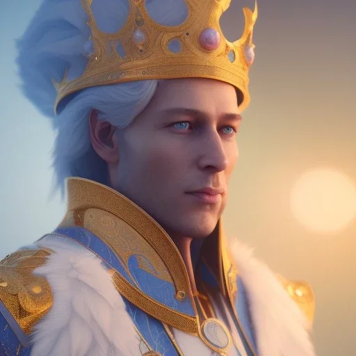 A portrait of a crystalised blue pink king, gold, sunny background, atmospheric, realistic, unreal engine, 8k. Cinematic lighting, octane render.