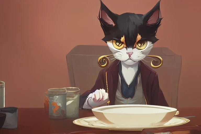 A cat wearing clothes is sitting at a table eating sushi. Manga style. Perfect iris. Paws. Mug with cat face