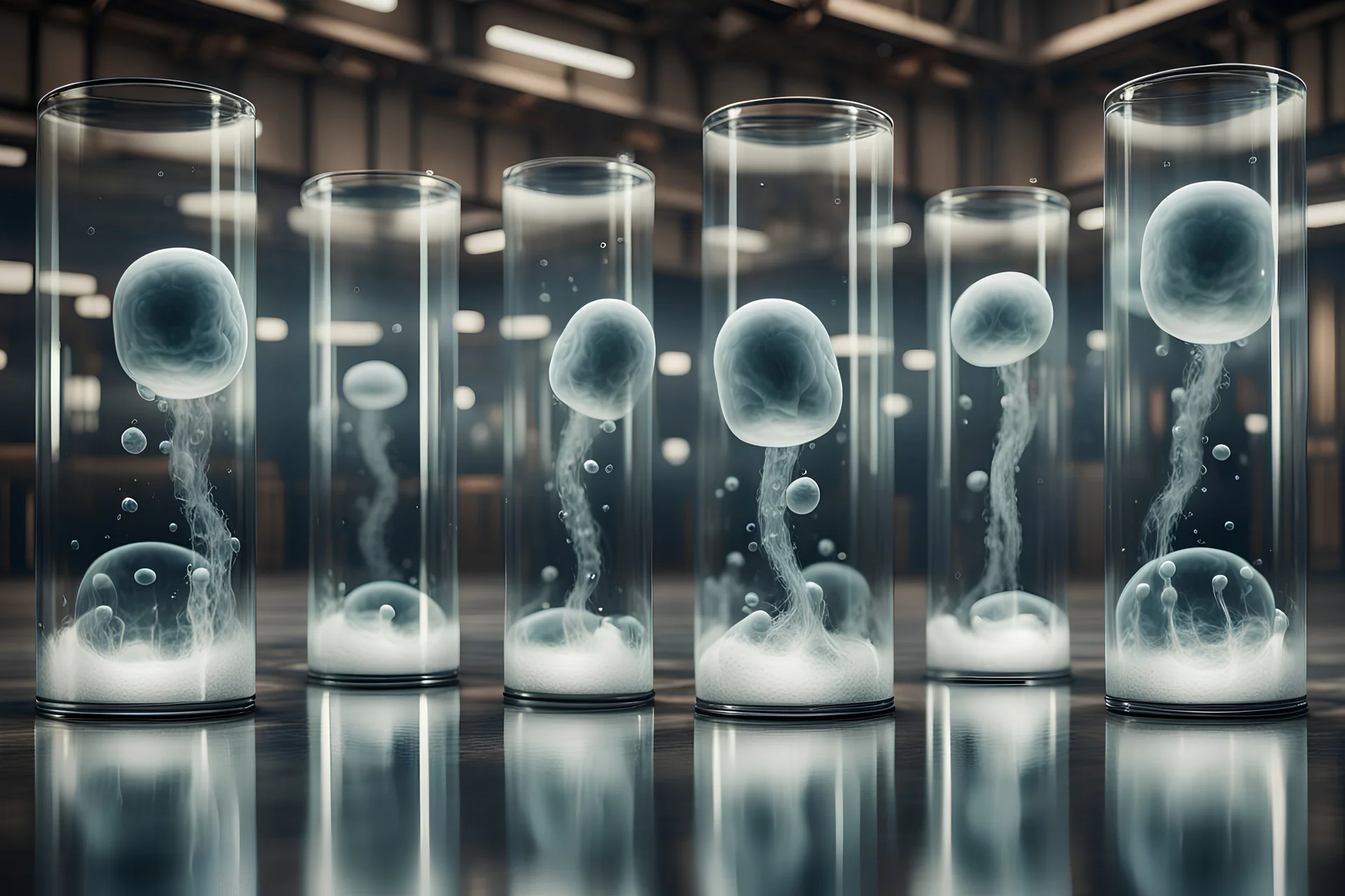 Large glass cylinders with human embryos floating in liquid in a large hall 4k photo realism