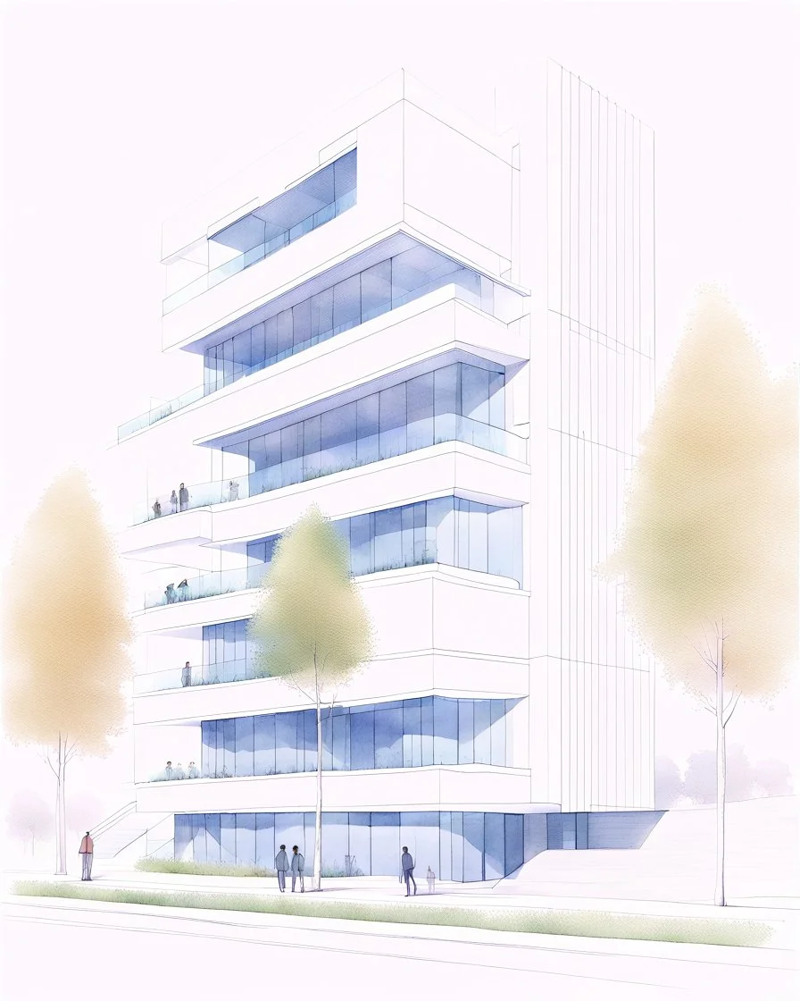 Dibujo arquitectónico de un edificio de cinco pisos, moderno, diseñado aplicando la proporción, estilo minimalista futurista, calidad ultra, gente, árboles, colores complementarios