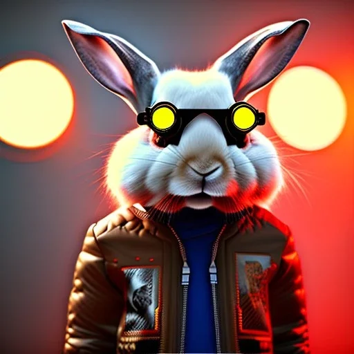 Rabbit toddler, smile, steampunk headphone, sunglass, gangsta neckless, full body, orange puffer jacket, manila background, dramatic lighting, hyper realistic, unreal engine 5, 16k