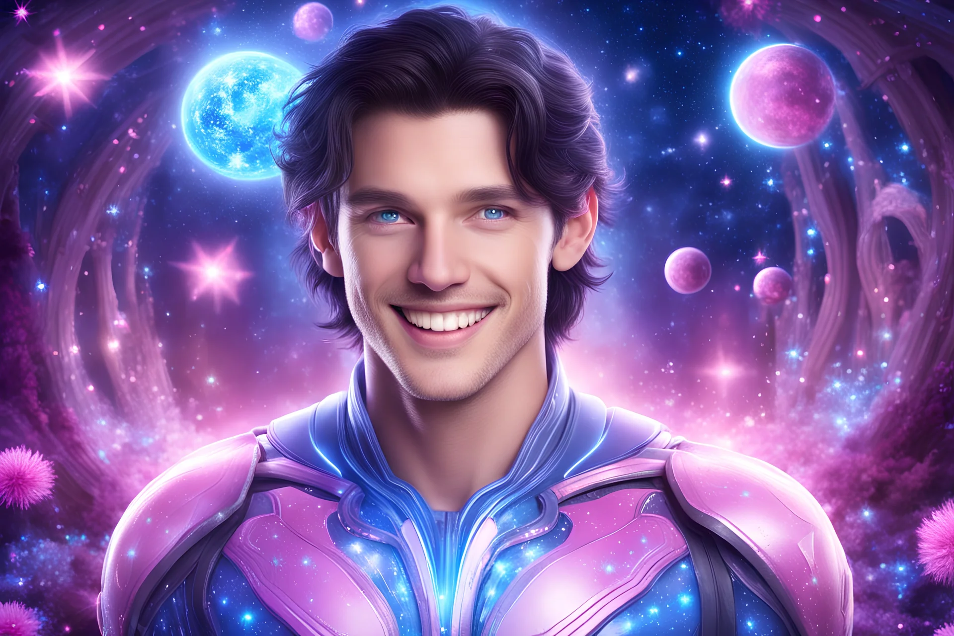 cosmic bionic beautiful men, smiling, with light blue eyes and straight blu dark hair in a magic extraterrestrial landscape with pink fairy forest stars and bright beam