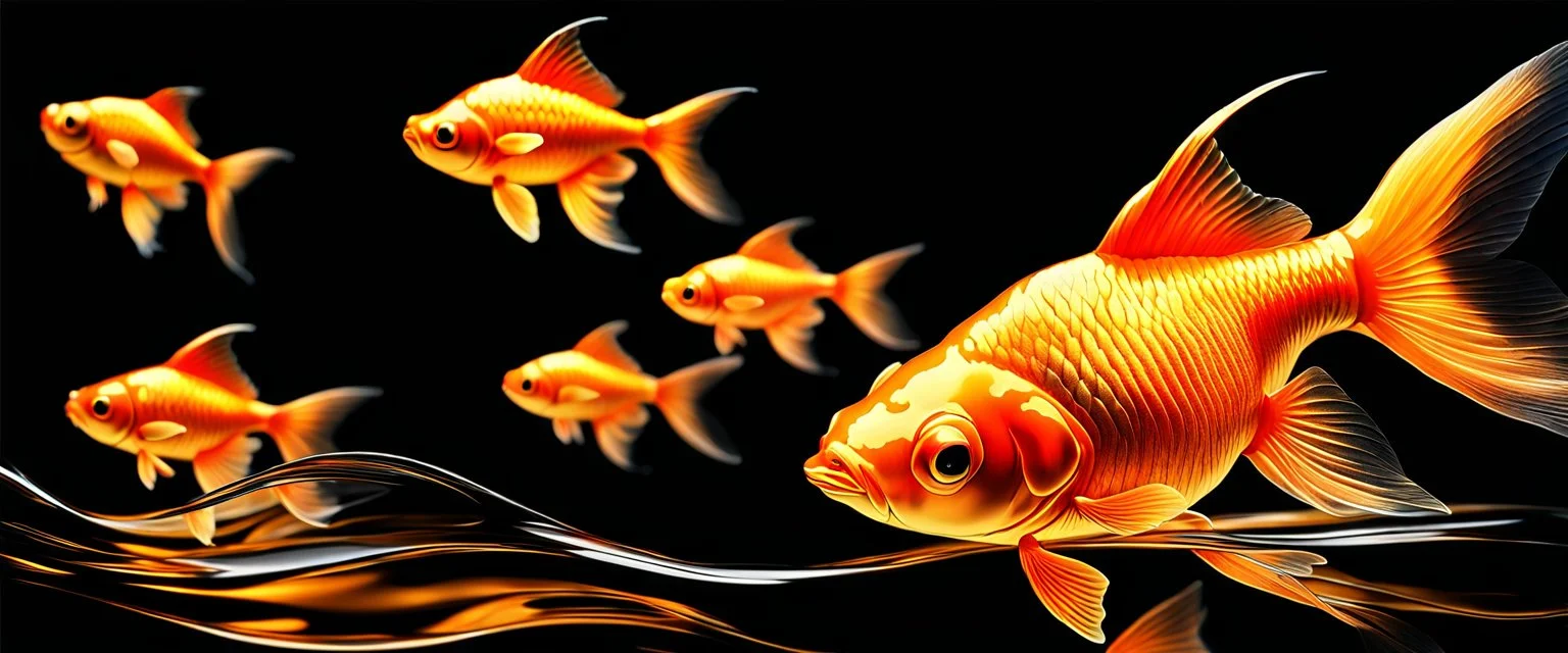 ultra high image quality, Close-up of a goldfish resembling liquid gold, fins rippling like molten metal, set against AMOLED-worthy pure black backdrop, fantasy art style infused with a golden filter, tailored for vertical wallpaper, exclusive design with no duplicates, radiating beauty suitable for a PC screen image, vivid colors, ultra fine, digital painting.