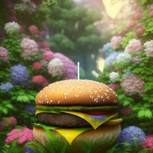 pixar style, volumetric summer garden environment and background, realistic painting of steak burger, looking excited, volumetric lighting, dramatic lighting, detailed digital painting, extreme dense and fine fur, anime, ornate, colour-washed colors, elegant, small minutiae, tiny features, particulars, centered, smooth, sharp focus, renderman gofur render, 8k, uhd, detailed eyes, realistic shaded volumetric lighting, sunlight caustics, backlight, centered camera view