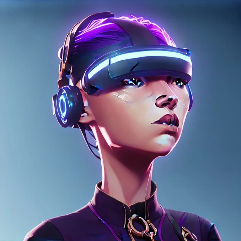 Sasha Luss with a VR headset running in futuristic Edimburgh on chrome water and rainbow sky