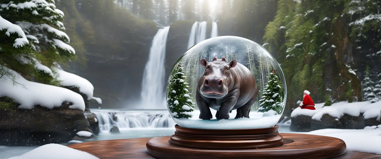 hippo in the snow with santa claus, forest alley waterfall background, close-up shot, all inside crystal ball, realistic,Highest quality telescopic Zeiss Zoom lens, supreme cinematic-quality photography, steel walnut wood green leather clothes, Art Nouveau-visuals,Vintage style Octane Render 3D technology,hyperrealism photography,(UHD) high-quality cinematic character render,Insanely detailed close-ups capturing beautiful complexity,Hyperdetailed,Intricate,