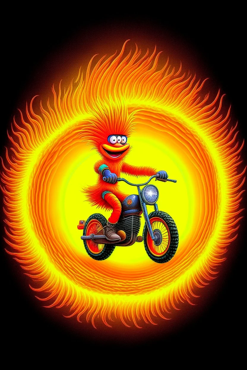 photo realistic Lorax on motorbike jumping through flaming hoop