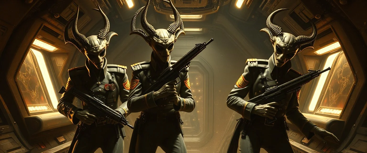 master oil painting by Rembrandt, Nephilim alien Elvis fascist trauma watchers glistening uniform with insignia, dancing weapon dance in messed up space ship, in the style of Giger