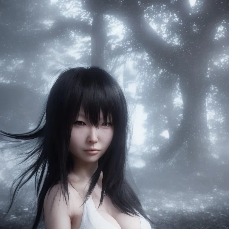 hitomi tanaka, full body, dress white, long black hair, vilage, realistic, intriacte detail, sci-fi fantasy style, volumetric lighting, particales,highly detailed,cinamatic, deep colours,8k