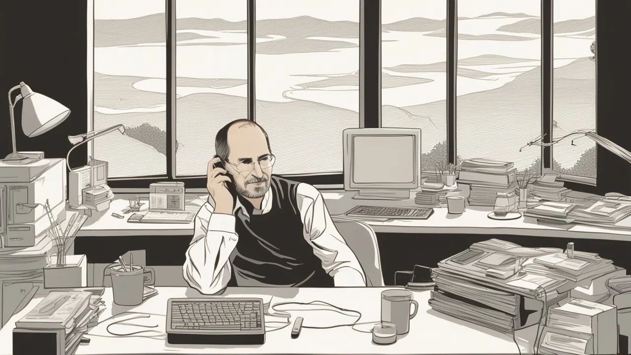 الصورة تعرض ستيف جوبز وهو جالس في مكتبه الخاص، وراءه نافذة تطل على مناظر طبيعية هادئة. يظهر جوبز وهو يرتدي ثوبًا بسيطًا ويتلقى مكالمة هاتفية بينما يعمل على جهاز كمبيوتر محمول. يتسم وجهه بتعابير التفكير العميق والابتسامة الخفيفة، مما يشير إلى تركيزه الشديد وتفكيره الابتكاري. على مكتبه، يمكن رؤية مجموعة من المخططات والنماذج المصغرة لأجهزة تكنولوجية، مما يظهر اهتمامه بالتفاصيل والتصميم المميز. كما يمكن أن نلاحظ تواجد كتب وأدوات كتابة، مما يشير إلى تطلعه المستمر للمعرفة والابتكار. الإضاءة في الصور
