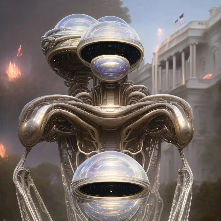 a alien craft that has landed on the white house lawn :: made of shiny obsidian glass :: reflective, glassy :: subtractive lighting, backlit :: by John William Waterhouse, Greg Rutkowski, HR Giger :: hyperrealistic, hyper detailed, photorealistic :: epic, incredible composition, amazing depth, meticulously composed, 16k resolution concept art :: fantasy magazine cover art