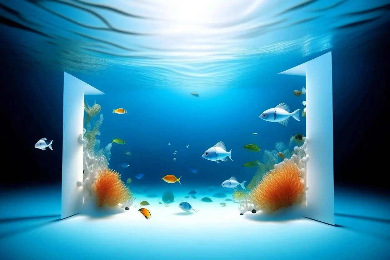 white,background,looking,through,a 3-d, square hole,watching,tropical,fish,swimming,in,the,ocean