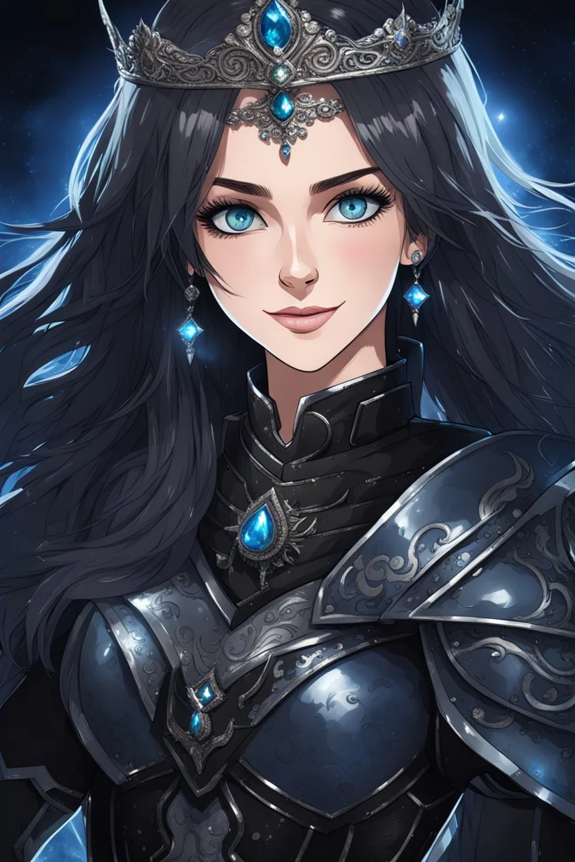 pretty young girl, good body, greath blue eyes, blue long haired, dressing a black armor, tiara, big smile, intense look, darknight sky background.