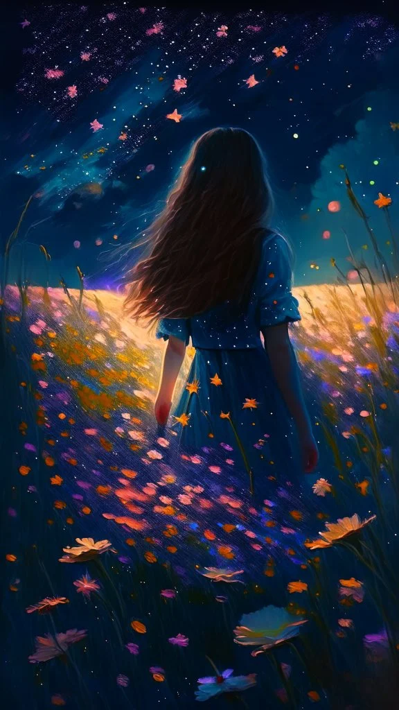 girl standing from behind, night, stars, beautiful painting, field, beautiful girl, dream, summer, shining stars, beautiful flowers, 8k