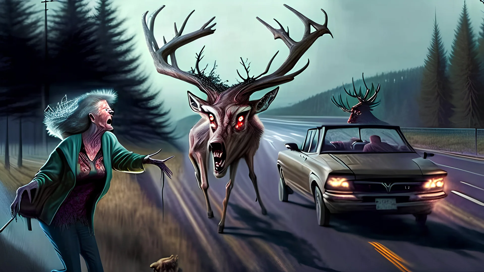 the deceased deer resurrects as an evil lovecraftian deerchad and chases an older drunk lady down the I90 highway